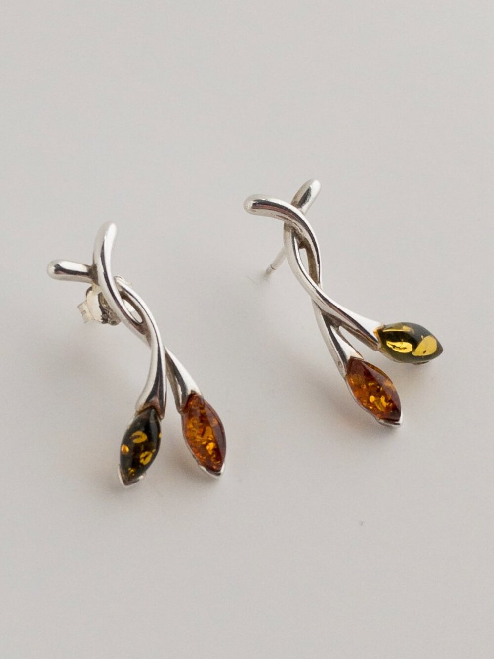 Sterling Silver Baltic Amber Necklace & Stud Earrings Set Botanical Leaf 925 - Picture 7 of 17
